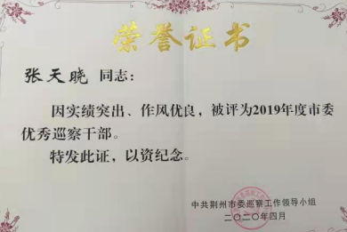 张天晓同志被市委巡察办授予&ldquo;优秀巡察干部&rdquo;荣誉称号